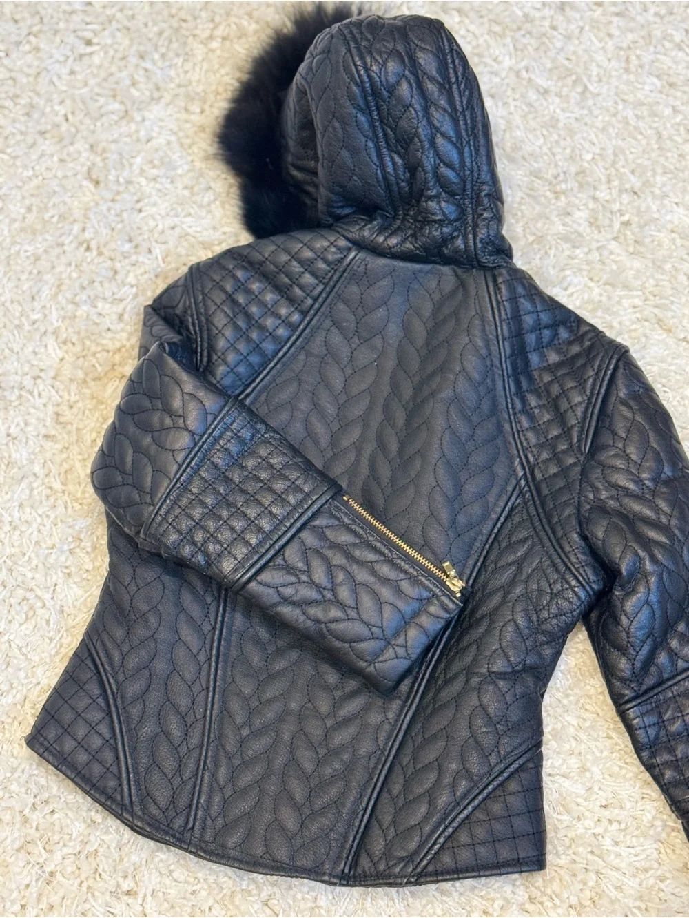 Oscar Kids Luxe Black Quilted 100% Leather Biker Moto Jacket Fur Trim Hood Sz 3